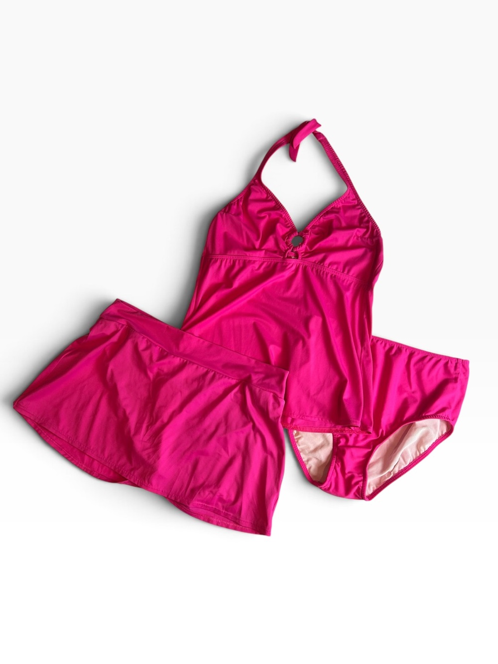 Venus Hot Pink 3‑Piece Tankini Swim Set Size 14 Halter Ring Cutout Skirt Bottoms